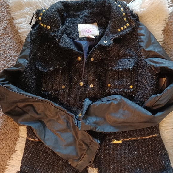Black Tweed Gold Studded Leather Jacket Sz Small - Picture 2 of 5